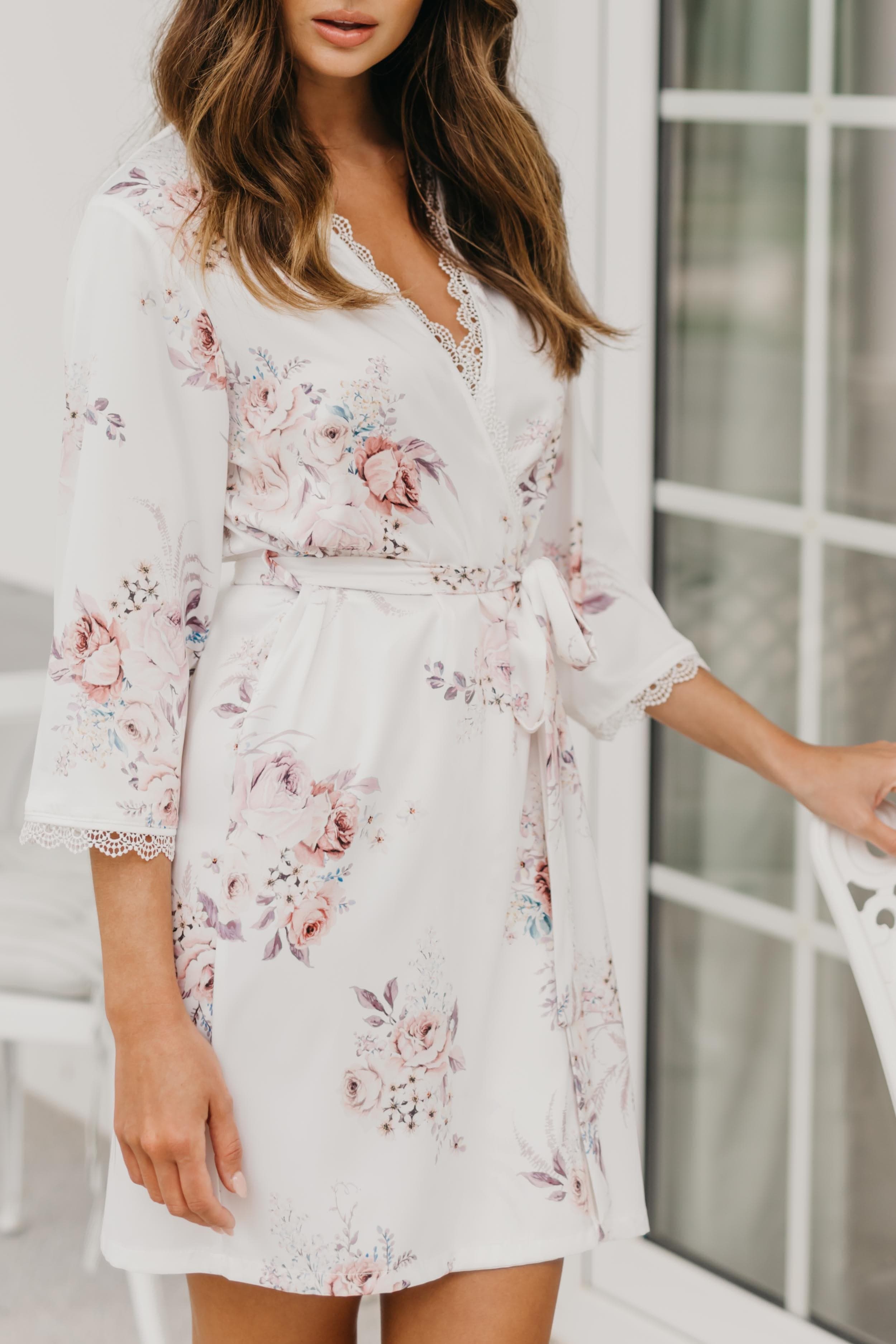 Elegant Rose Mist Floral Lace Trim Satin Robe - Women's Luxury Kimono Bathrobe for Bridal, Spa, Honeymoon & Boudoir Photography