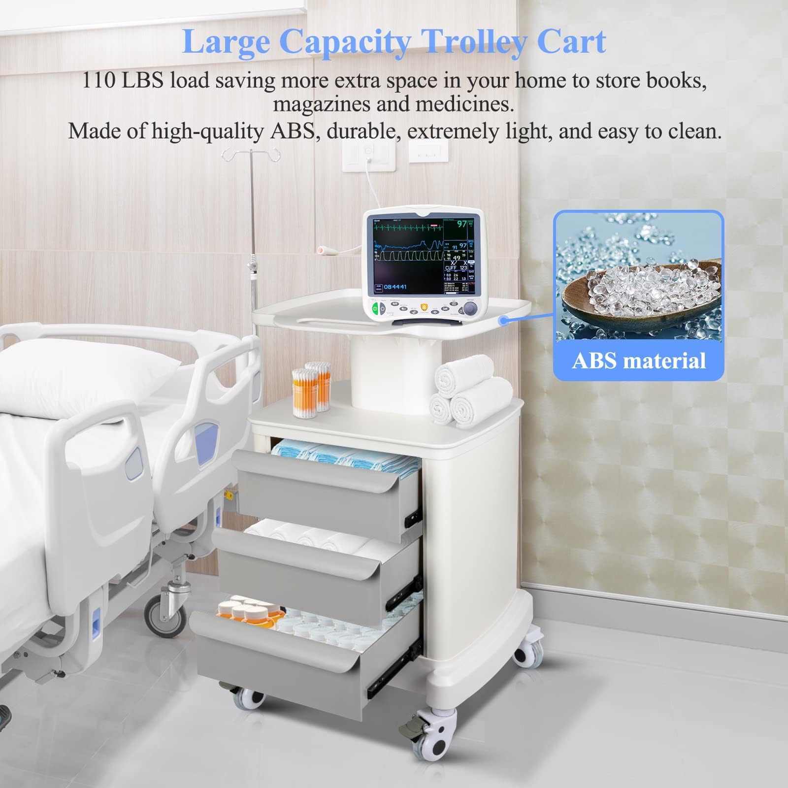 Mobile Medical Cart with Wheels & Drawers - Rolling Ultrasound, Dental & Beauty Storage Trolley for Hospitals, Clinics, Offices & Bedrooms | Perfect for Medical Equipment Organization & Beauty Salon Storage