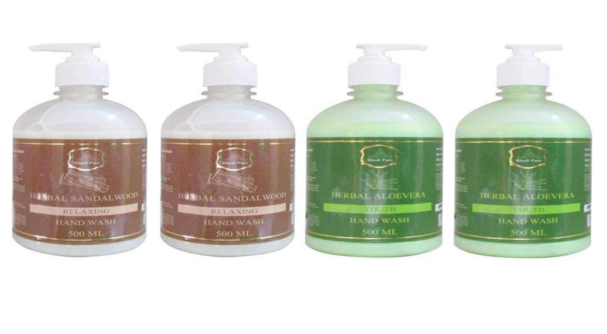 Khadi Pure Herbal Handwash Combo - Sandalwood & Aloe Vera, 500ml (Pack of 4) | Natural Ayurvedic Liquid Soap for Dry & Sensitive Skin | Perfect for Home, Kitchen & Bathroom Use