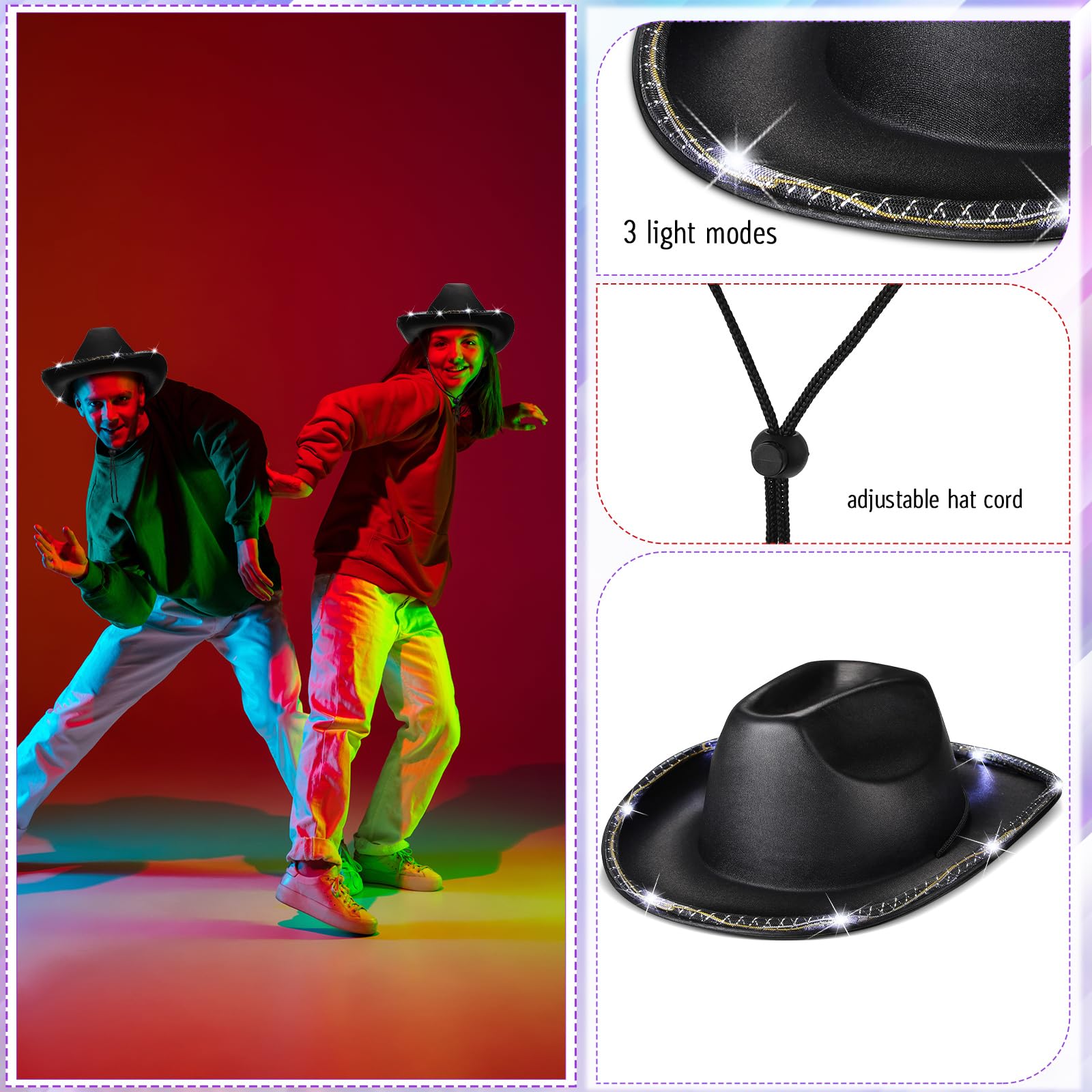 20 Pack LED Cowboy Cowgirl Flashing Light Up Hats - Western Themed Party Accessories for Bachelorette, Wedding, Bridal Showers & Country Music Festivals