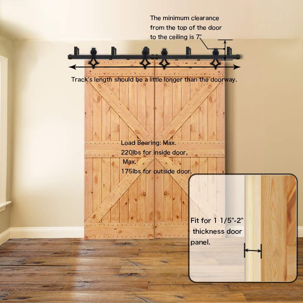 8FT Bypass Double Door Sliding Barn Door Hardware Kit - Heavy Duty Black U-Shape Bracket System with Strong Bearings for 48