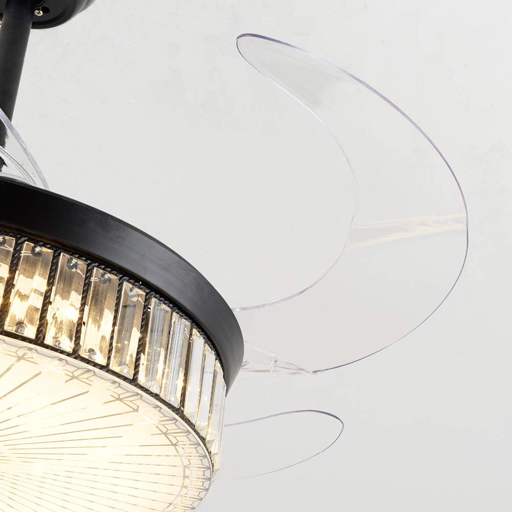 OUKANING 42 Inch Black Crystal Ceiling Fan with LED Lights - Remote Control, 3-Speed Retractable Blades, Ultra Quiet for Bedroom & Dining Room | Modern Chandelier Design for Home Cooling and Elegant Lighting