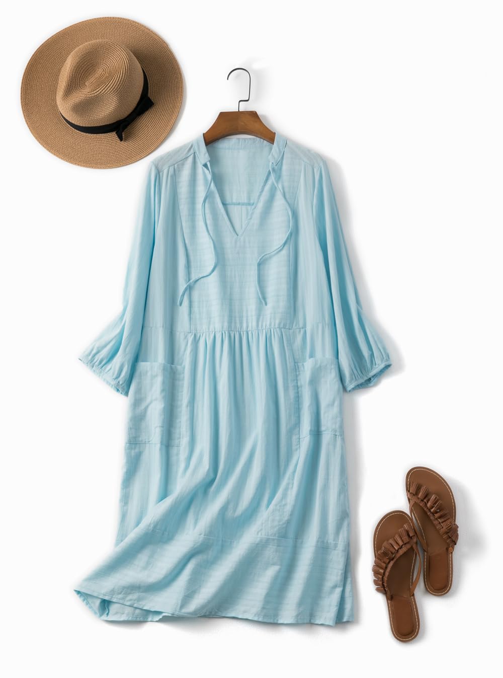 Lafural Women's V-Neck Cotton Casual Loose Shift Tunic Dress - Summer Vacation Smock with 3/4 Sleeves & Pocket | Perfect for Beach Outings, Weekend Brunch & Casual Office Wear