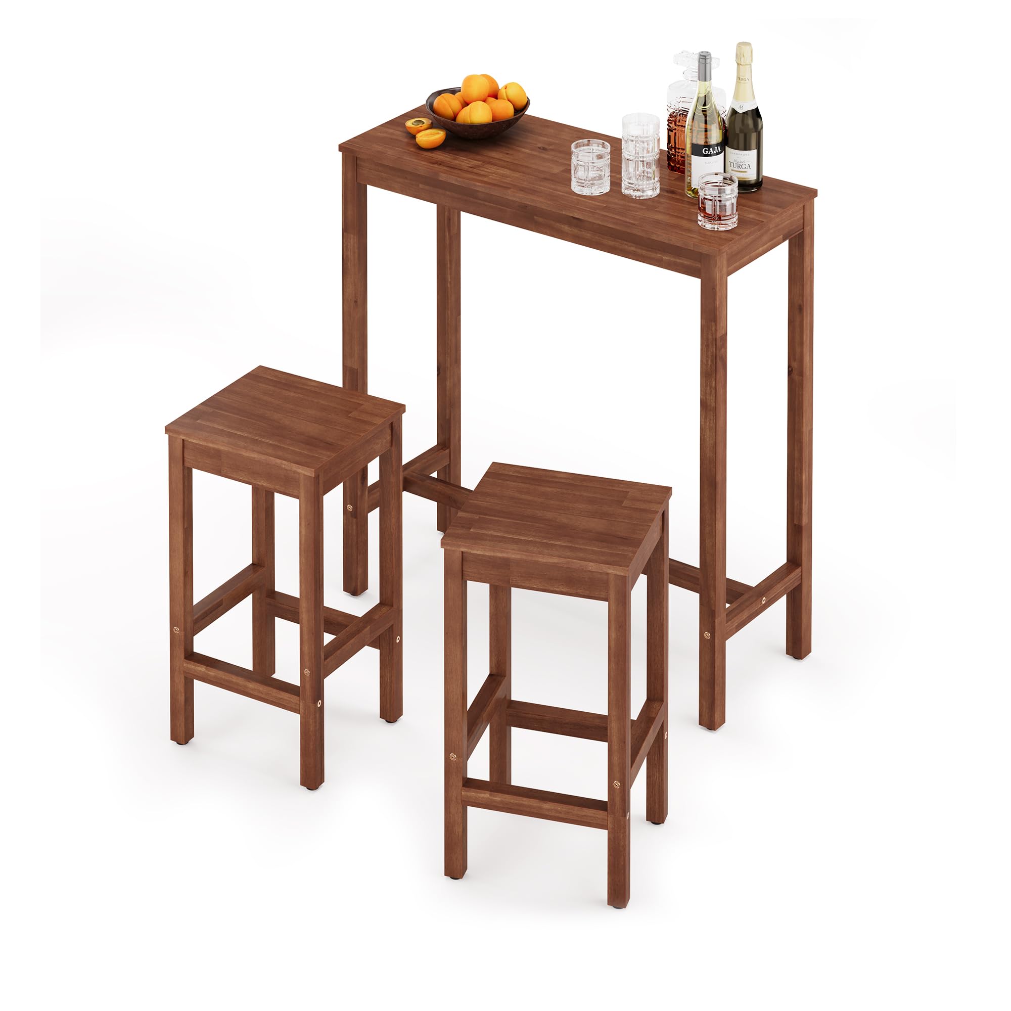 38 Inch Acacia Wood Bar Table and 2 Stools Set - Rectangular Counter Height Pub Table for Dining Room, Kitchen & Living Room - Teak Brown Finish - Perfect for Entertaining, Small Spaces & Modern Home Decor