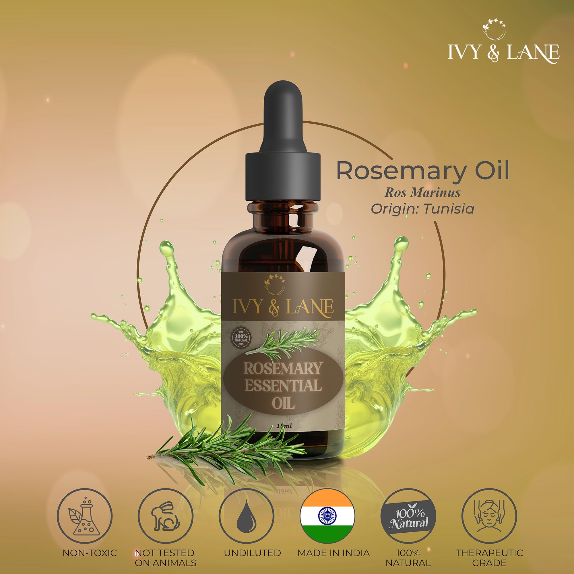 **Ivy & Lane 100% Pure Organic Rosemary Essential Oil – Undiluted, Therapeutic Grade for Aromatherapy, Promotes Healthy Hair, Skin & Mind – 15ml with Dropper – Perfect for Diffusers, Massage & DIY Beauty**