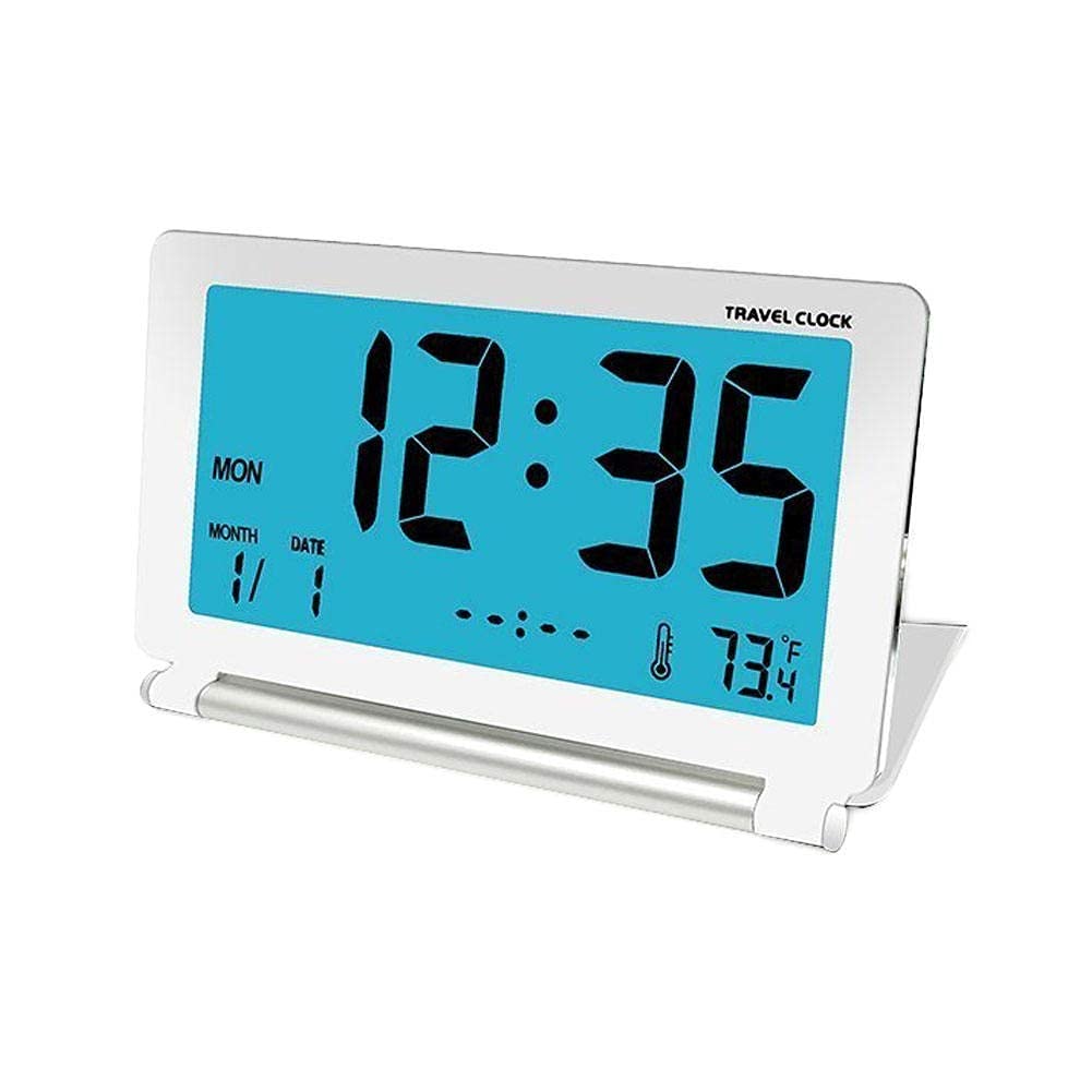 Adjustable LCD Alarm Clock with Backlight - Mini Folding Travel & Bedside Desk Clock (White/Black) | Perfect for Home, Office & Travel Use