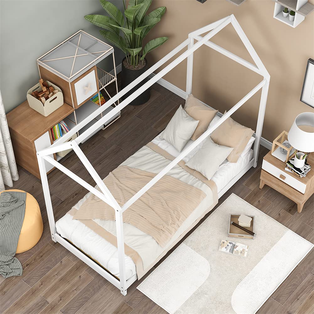 Wooden House Bed with Roof - Twin Size Kids Bed Frame, Platform Bed with Tent, Floor Sofa Bed & Mattress Foundation for Bedroom & Living Room - Perfect for Playrooms, Sleepovers & Cozy Reading Nooks (White)