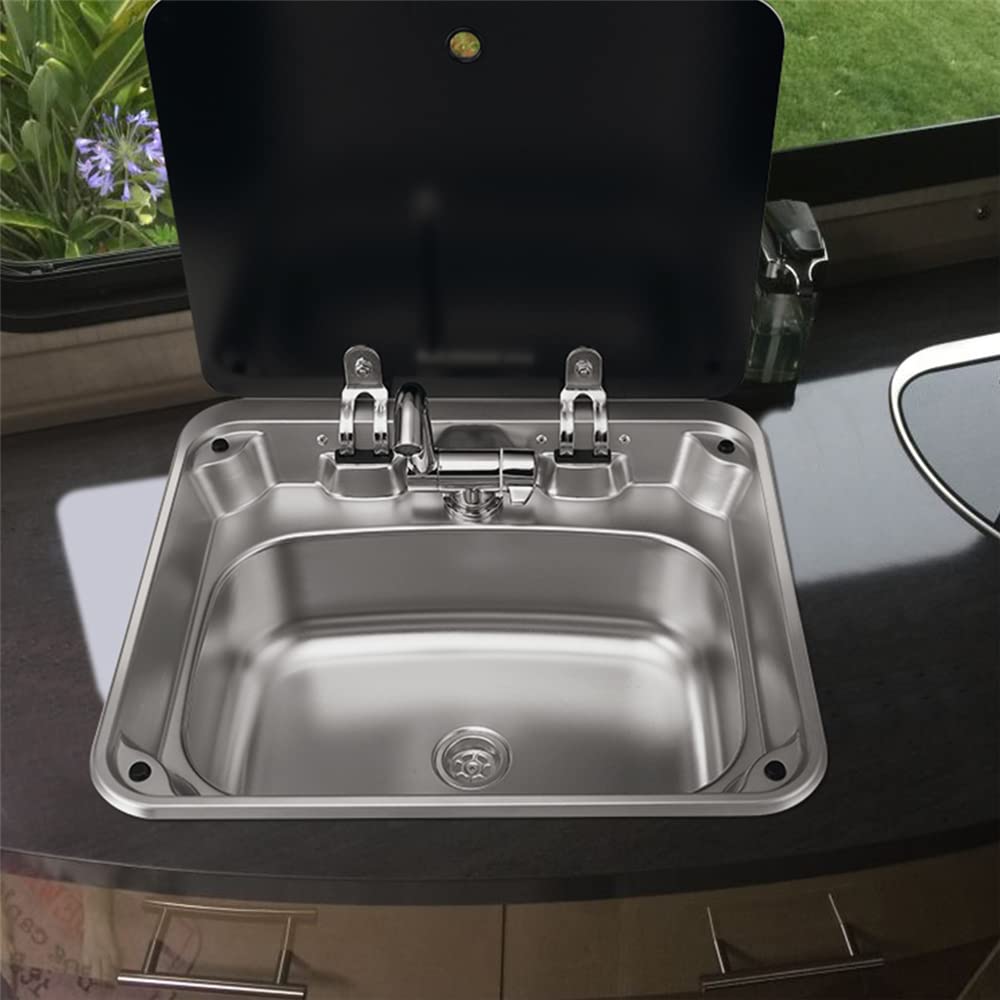 **Stainless Steel Outdoor Sink with Lid & Hot/Cold Faucet – RV, Camper, Boat, Bar Hand Wash Basin – Complete Set with Spout & Strainer – Perfect for Camping, Travel & Outdoor Kitchens**