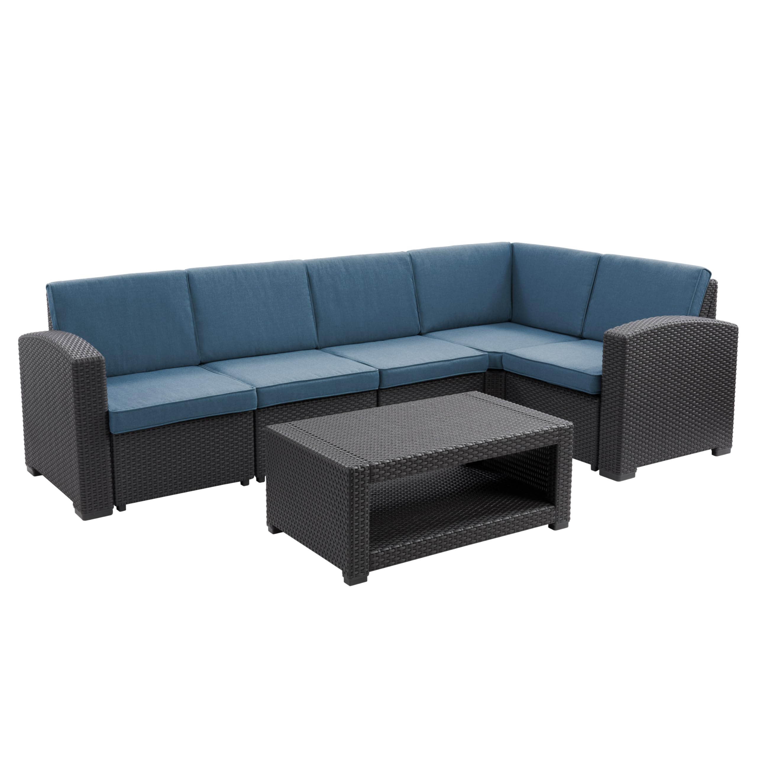 CorLiving Lake Front Wicker Rattan Patio Sectional Set with Blue Cushions - 6 Piece Outdoor Furniture for Garden, Poolside & Backyard Relaxation