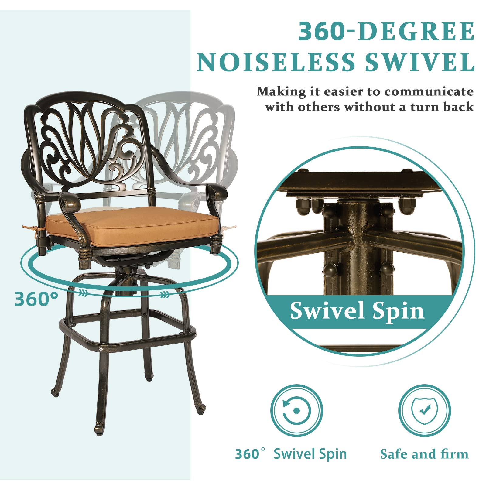 MEETWARM 2-Piece Outdoor Patio Swivel Bar Stools Set - All-Weather Cast Aluminum Bar Height Bistro Chairs with Cushions - Dark Bronze - Perfect for Garden, Deck, Backyard, Poolside & Outdoor Dining Areas