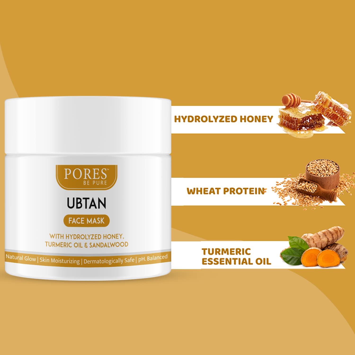 PORES Be Pure Ubtan Face Mask with Hydrolyzed Honey & Turmeric Oil - 100g Sandalwood Brightening Facial Pack for Glowing Skin, Oil Control & Acne Treatment - Unisex Skincare for Women & Men - Perfect for Daily Use & Spa Nights