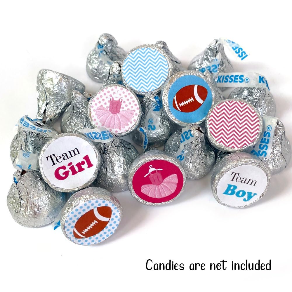 Adore By Nat Gender Reveal Candy Stickers - 240-Pack Tutu & Football Labels for HERSHEY'S KISSES - Perfect for Baby Shower Party Decorations & Gender Announcement Events