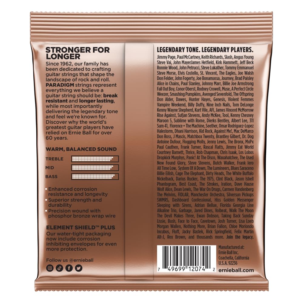 Ernie Ball Paradigm Medium Phosphor Bronze Acoustic Guitar Strings 13-56 Gauge (P02074) - Durable & Bright Tone for Live Performances & Studio Recording