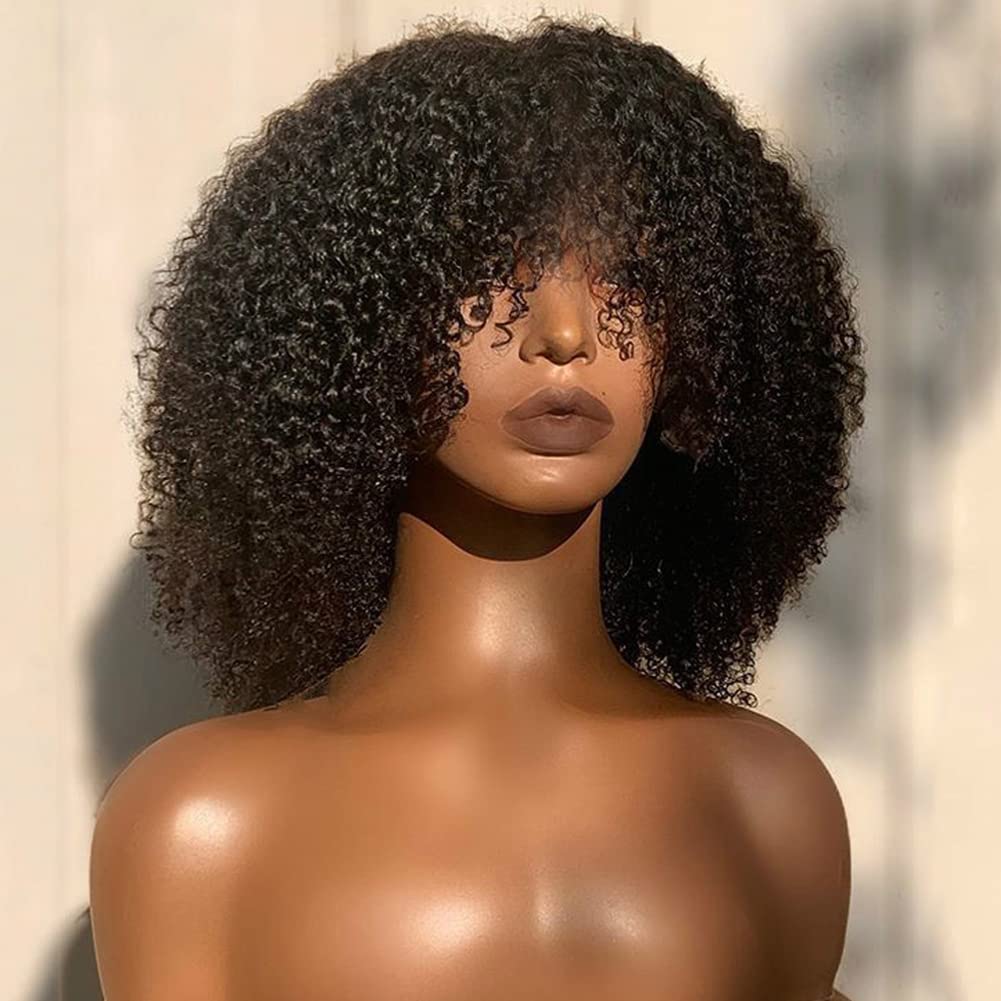 200 Density Afro Kinky Curly Human Hair Wig with Bangs - Virgin Brazilian Short Curly Wig for Women - Full Machine Made Scalp Top - 14 Inch Natural Black - Perfect for Cosplay, Daily Wear & Protective Styles