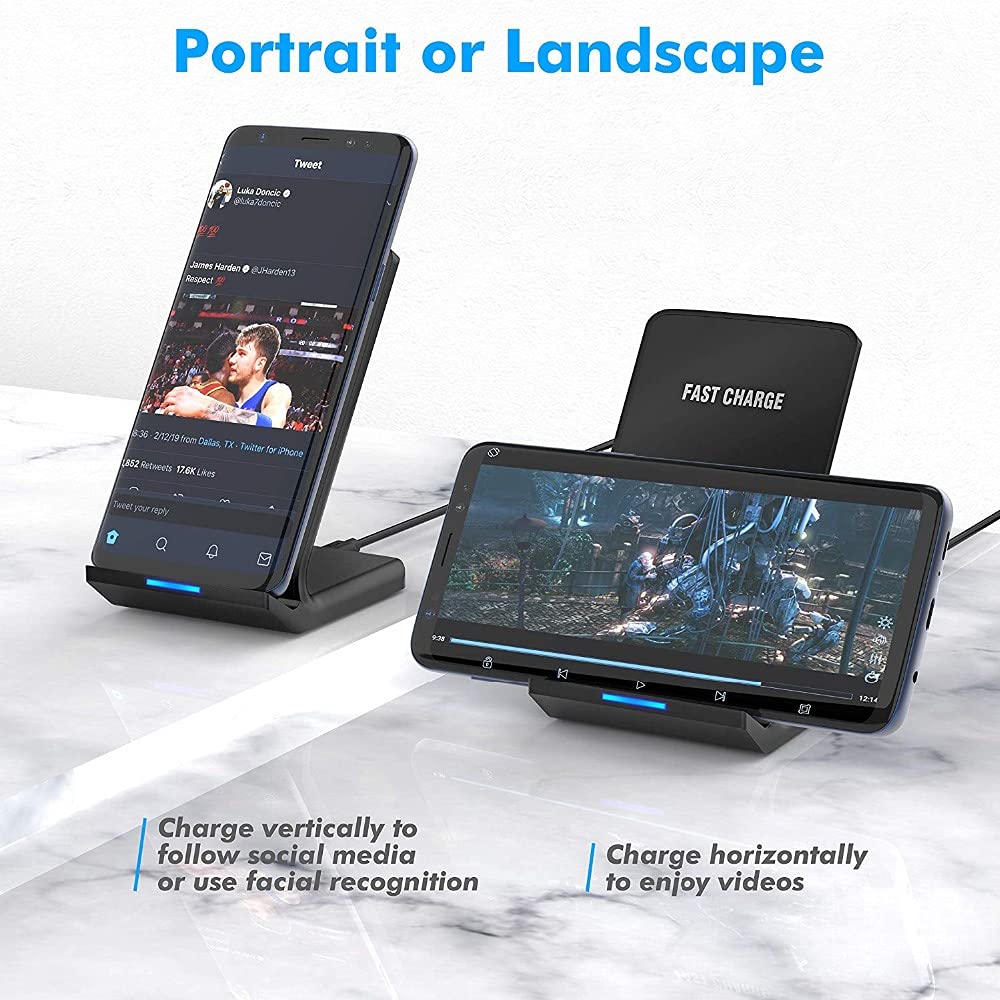 20W Fast Wireless Charging Stand - Compatible with iPhone 16/16 Pro/15/14/13/12/11/XR/XS Max, Samsung Galaxy S24/S23/S22/S21, Note 20/10/9, LG G8 & Google Pixel - Qi Certified Phone Charger for Bedside, Office & Car Use