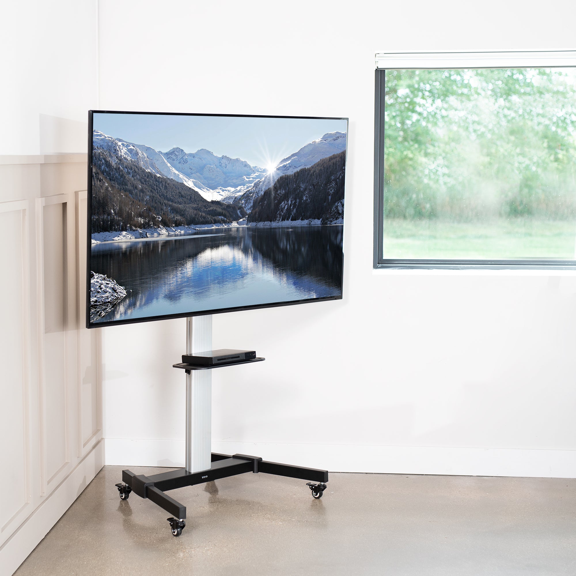 Adjustable Silver TV Stand Cart for 32 to 83 Inch Screens - Mobile TV Trolley with Wheels for Living Room, Bedroom, or Office Use