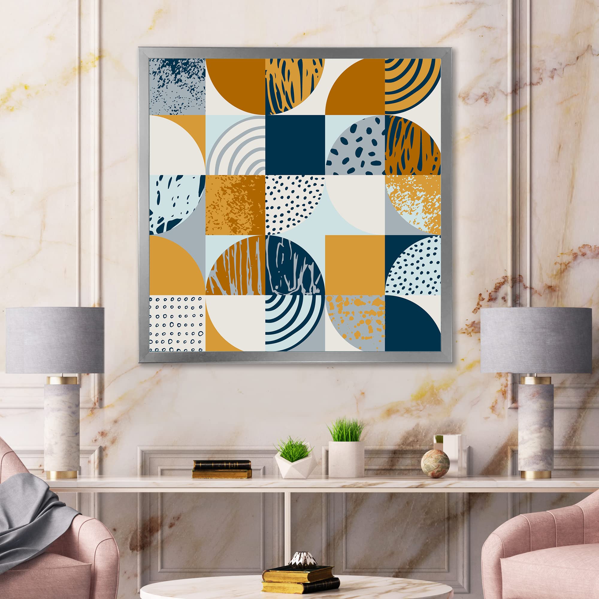 DesignQ Retro Semicircles Circles and Squares Modern Framed Wall Art - Mid Century Abstract Canvas Painting for Living Room, Bedroom & Office Decor