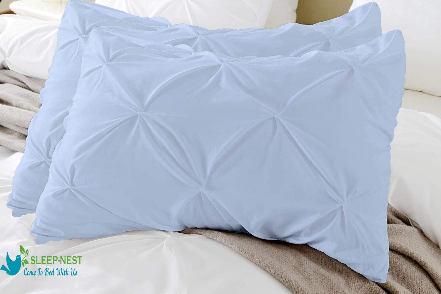 800TC 100% Cotton Pinch Pleated King Pillow Sham Set of 2 - Ultra Soft Light Blue Decorative Pillow Covers (20x40 Inches) for Bedroom Luxury & Hotel Style Decor