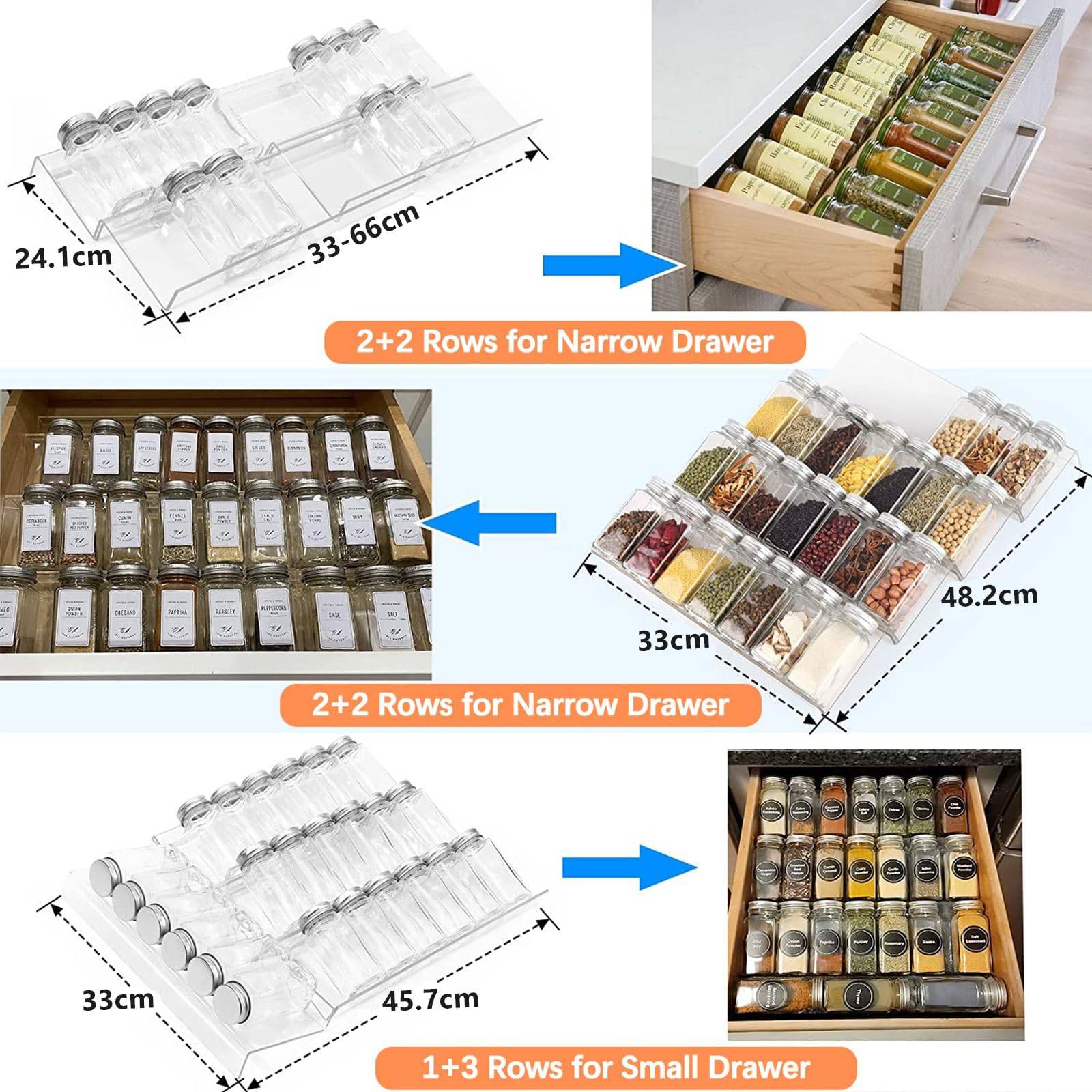 4-Tier Clear Acrylic Spice Drawer Organizer Set (2 Pack) - Expandable from 13