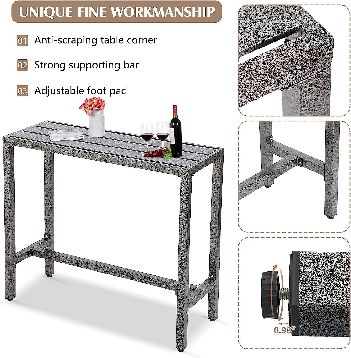 Outdoor Bar Table 40 Inch - Counter Height Rectangle Patio Table for Garden, Yard, Balcony & Poolside - Weather-Resistant Gray Outdoor Dining & Entertaining Furniture - Perfect for BBQs, Parties & Relaxing by the Pool