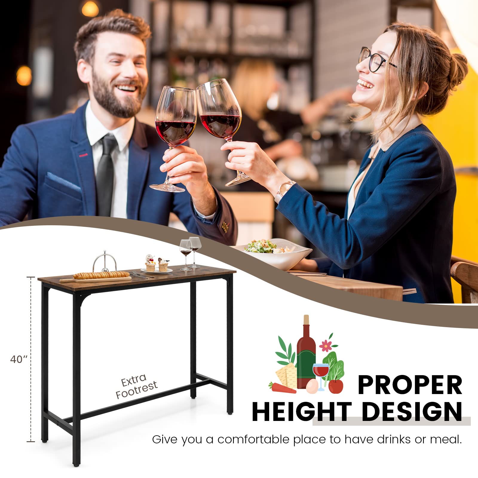 GOFLAME 48” Industrial High Top Bar Table with Metal Frame & Adjustable Feet, Narrow Rectangular Pub Table for Small Spaces, Multifunctional Dining Table for Kitchen, Living Room, Bistro, and Outdoor Patio
