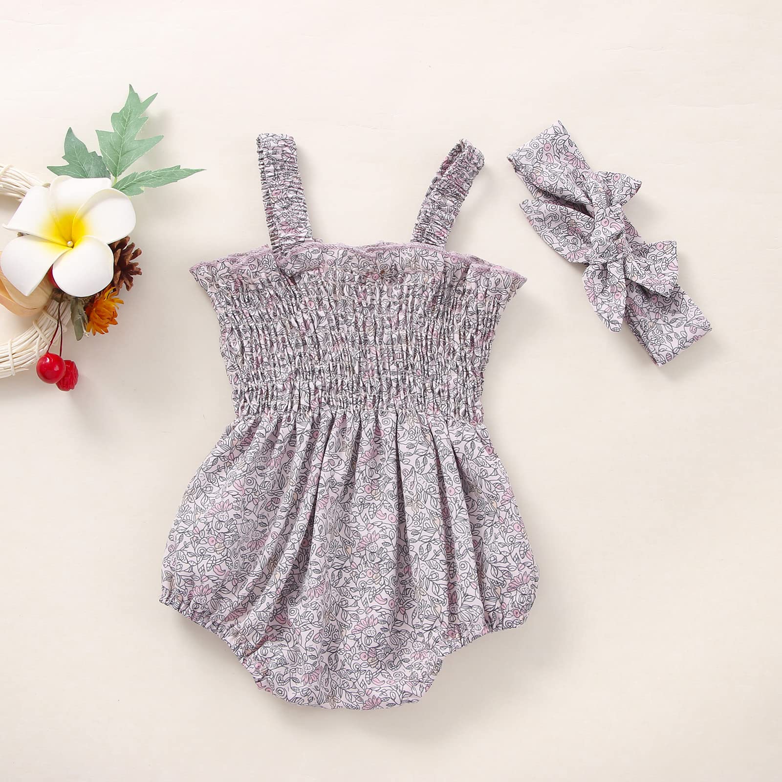 Newborn Baby Girls Floral Strappy Sleeveless Romper Bodysuit with Headband - Ruffle Jumpsuit Sunsuit for Summer - Perfect for Outdoor Play, Beach Trips & Photoshoots