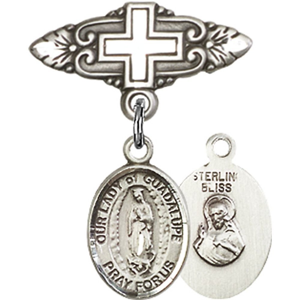 Sterling Silver Baby Badge with Our Lady of Guadalupe Charm - Religious Cross Pin 1