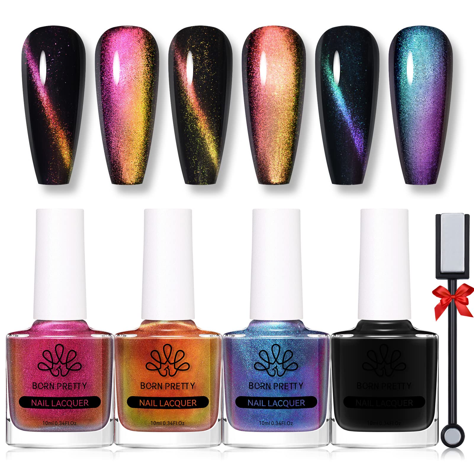 Born Pretty 3D Cat Magnetic Nail Polish Set - 4 Bottles (10ml Each) with Magnet Stick | Chameleon Color Changing Nail Art Kit for Cat Lovers | Perfect for Halloween, Cosplay & Nail Salon Designs