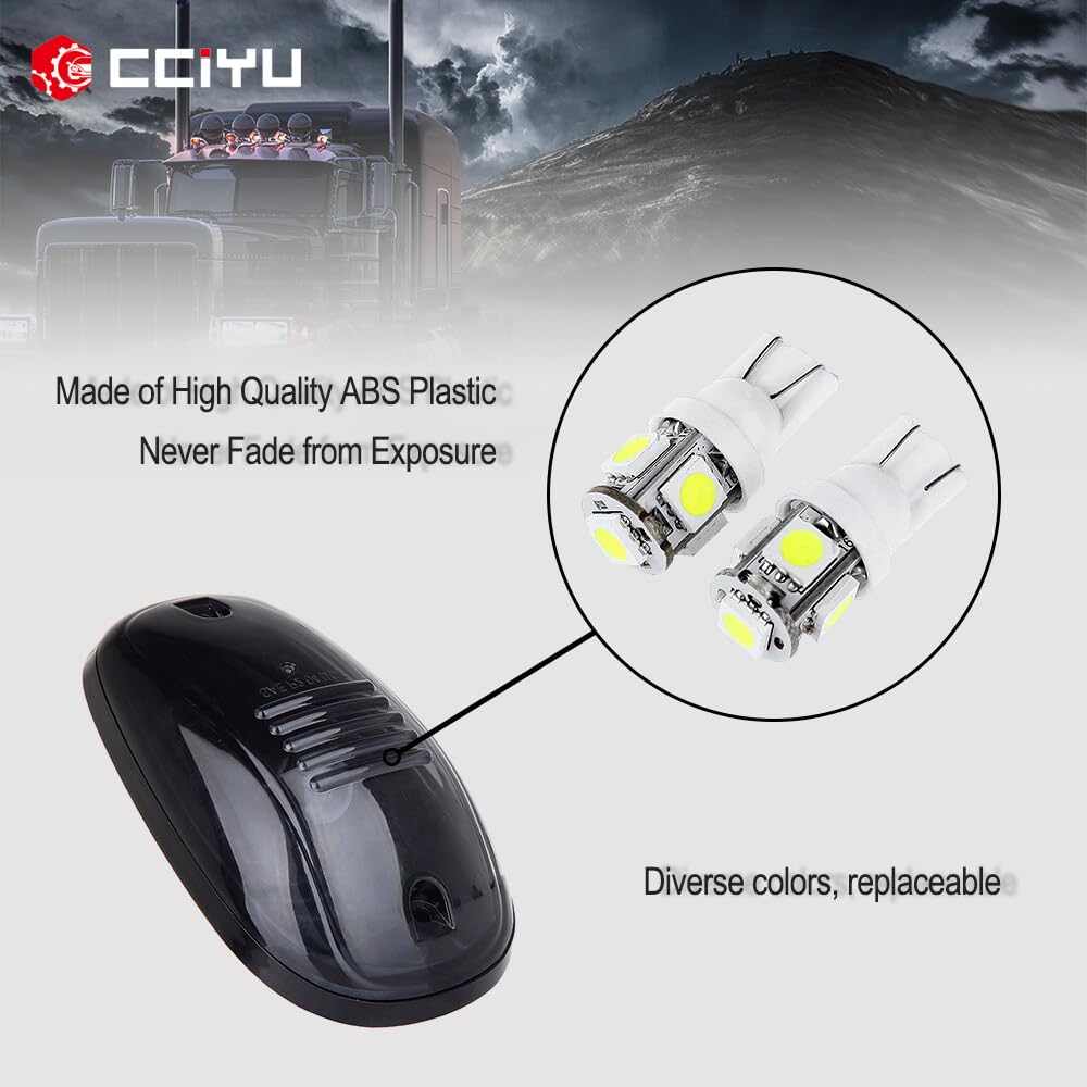 5x LED Smoke Cab Roof Marker Lights + T10-5-5050-SMD White LED Bulbs for 2003-2016 Dodge Ram 1500/2500/3500 - Clearance & Running Lights for Truck Roof Top - Perfect for Night Driving & Off-Road Adventures