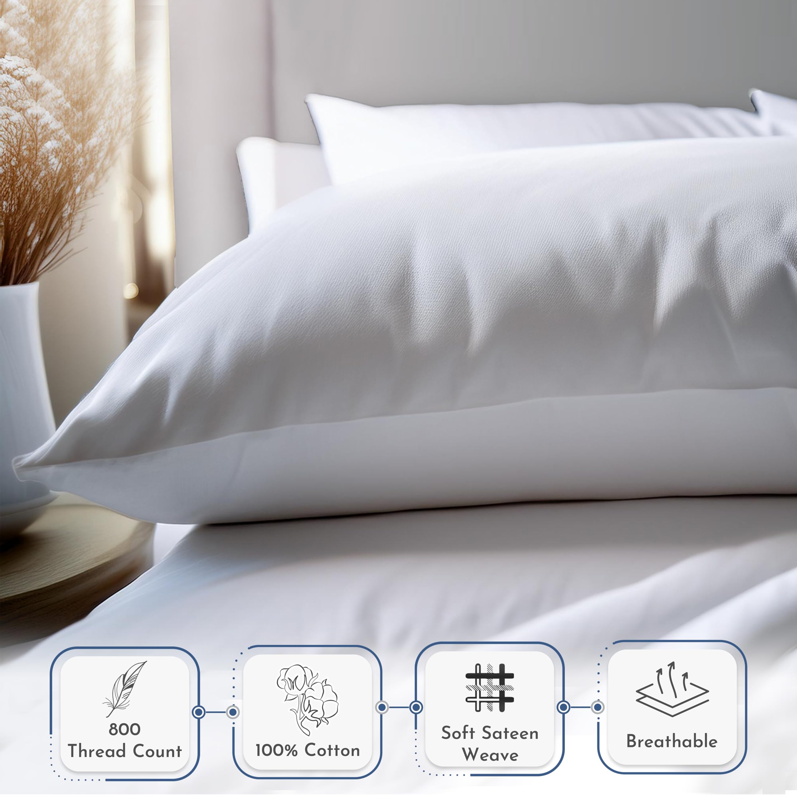 Premium 800 Thread Count 100% Cotton Sateen King Size Pillowcases (2-Pack) - Ultra Soft, Breathable & Durable - Luxury Bedding for Better Sleep - Fits Standard King Pillows - Grey