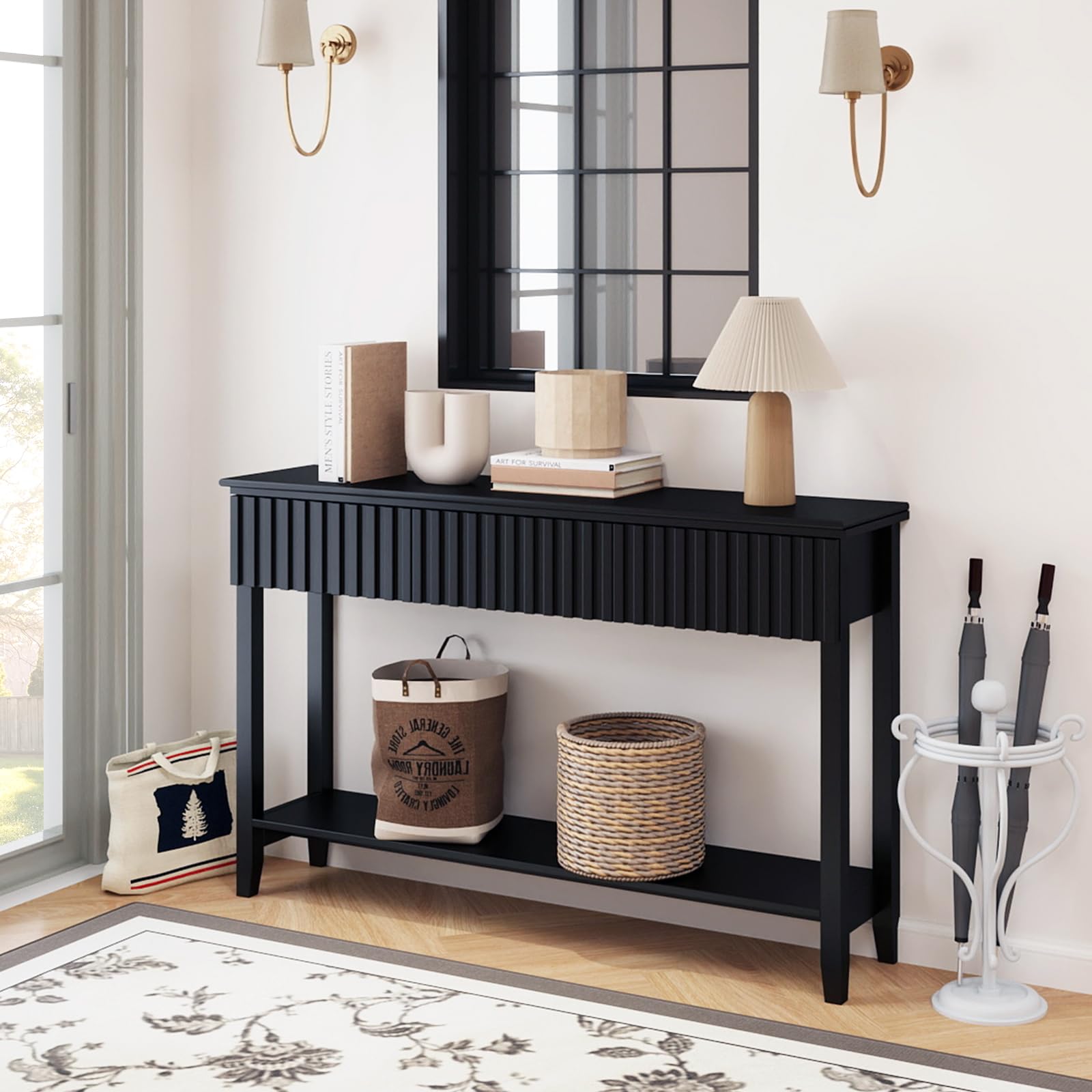 Modern Fluted Wood Console Table with 3 Drawers & Open Shelf - Narrow Sofa Table Behind Couch, Entryway Table for Living Room, Foyer & Hallway - Black (1 Tier) | Perfect for Small Spaces & Home Decor