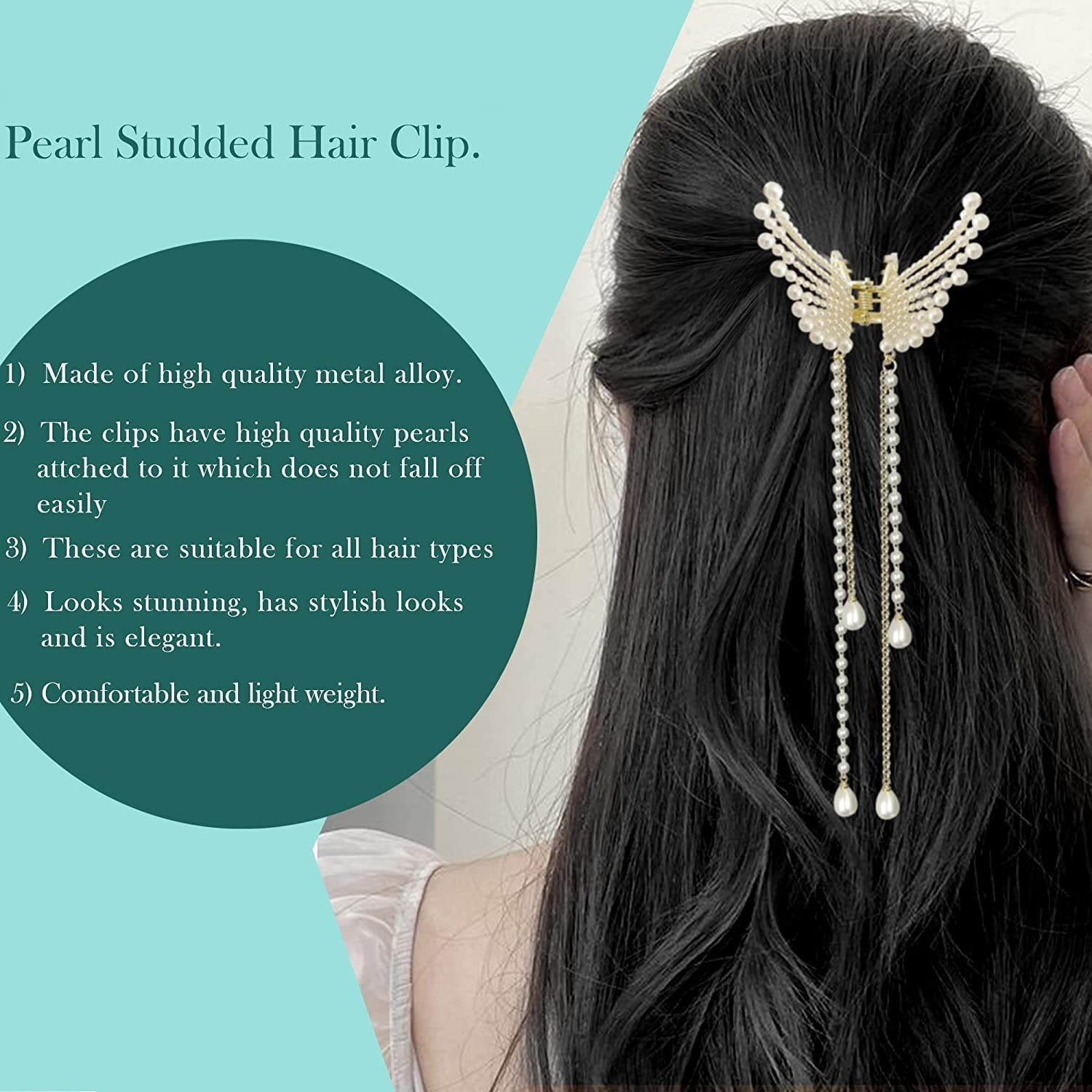Staila Large Metal Butterfly Hair Clips with Rhinestones & Sparkling Pearls - Non-Slip Strong Hold Hair Claws for Women & Girls with Thick Hair - Perfect for Parties, Weddings & Everyday Styling (Pearl Design)