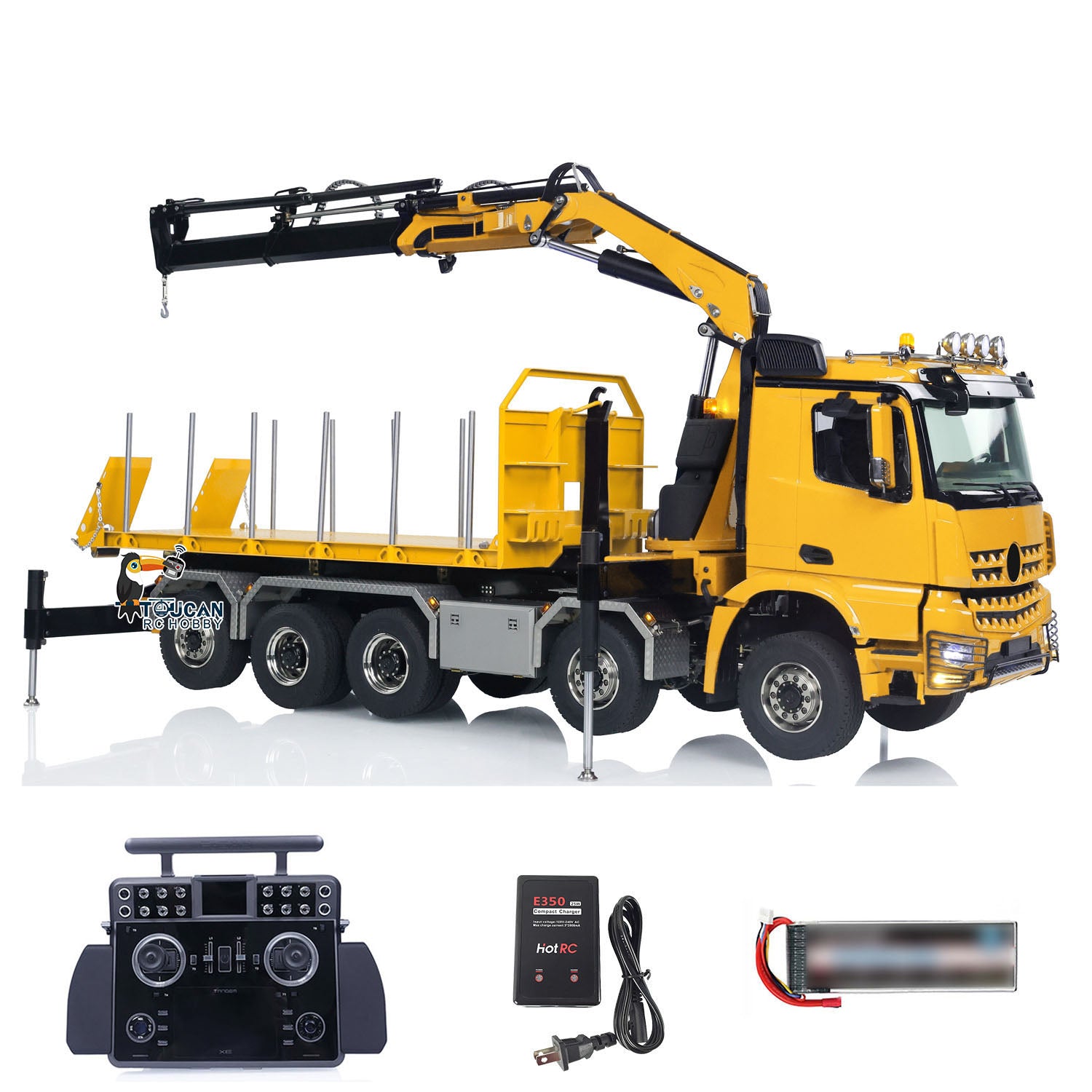 1:14 Scale 10x10 RC Hydraulic Crane Truck - Full Dump Metal Lorry with Rear Axle Steering & U-Shaped High-Standard Bucket & Timber Flatbed - Perfect for Construction Site Simulation, RC Hobbyists, and Collectors