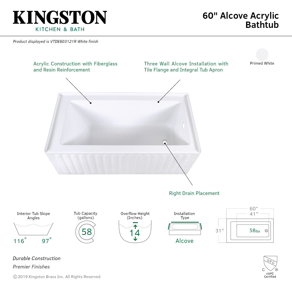 Aqua Eden 60 Inch Acrylic Rectangular 3-Wall Alcove Bathtub with Right Drain Hole - Glossy White Finish for Modern Bathroom Renovation & Spa-Like Relaxation