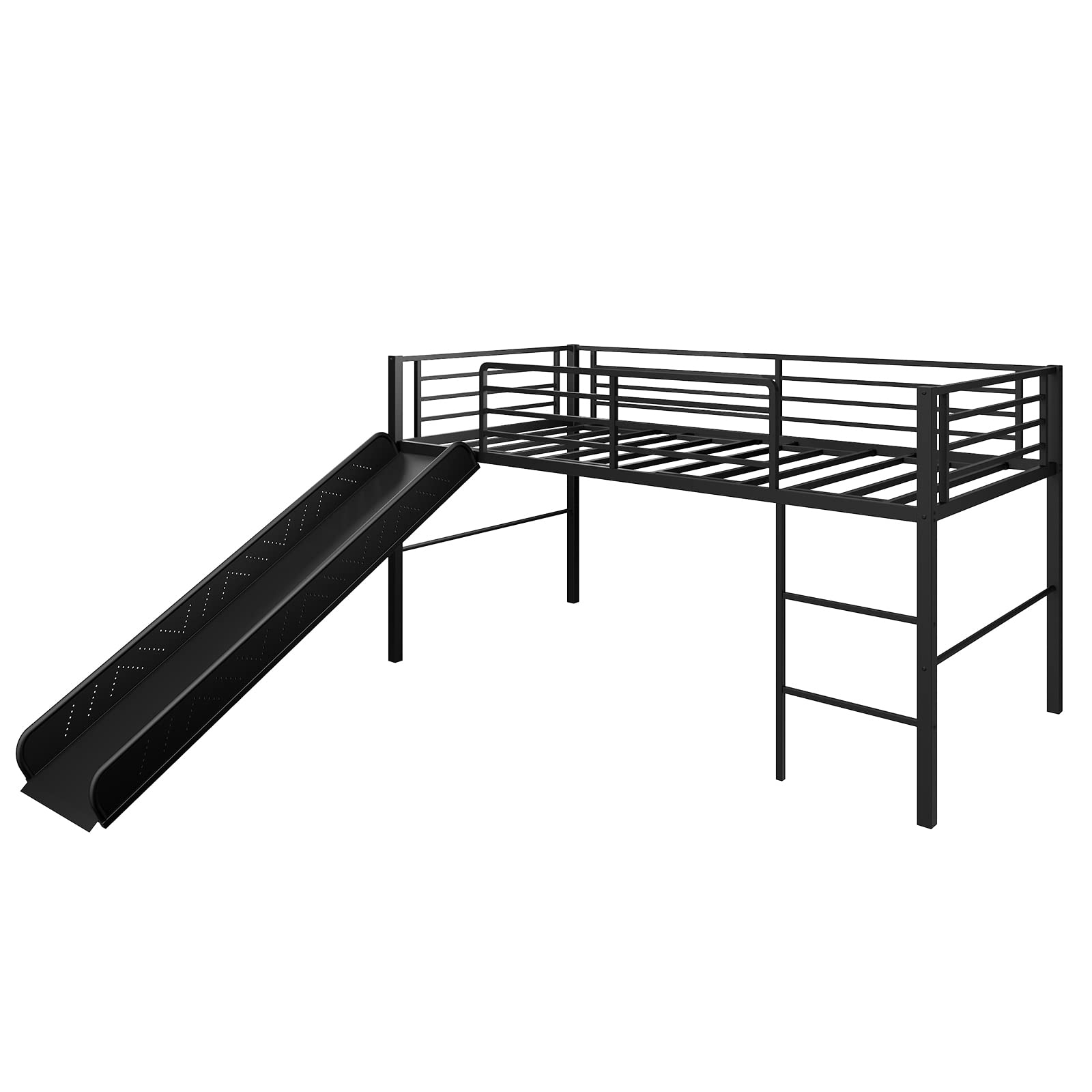 Giantex Twin Loft Bed with Slide - Sturdy Metal Low Bunk Bed for Kids with Safety Guardrails & Built-in Ladder - Toddler Bed Floor Frame for Boys & Girls - No Box Spring Needed - Perfect for Small Bedrooms & Shared Kids' Rooms (Black)