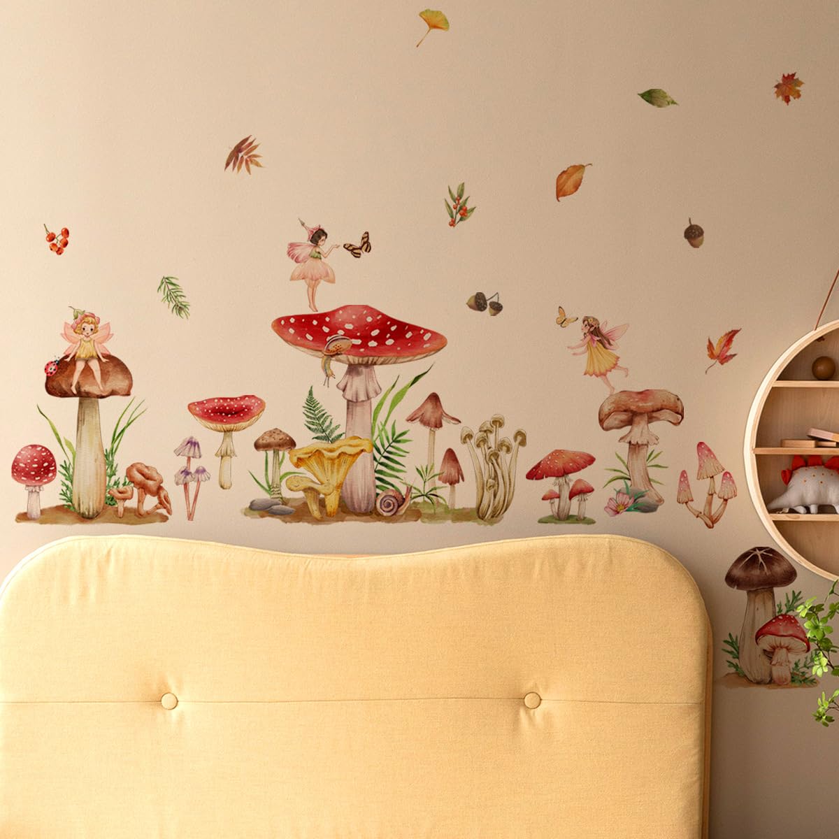 Fairy Forest Mushroom Wall Decals - Woodland Nursery Stickers for Girls Bedroom, Living Room & Kitchen - Fall Leaves & Nature-Themed Room Decor - Perfect for Kids Rooms, Playrooms & Home Interior Design