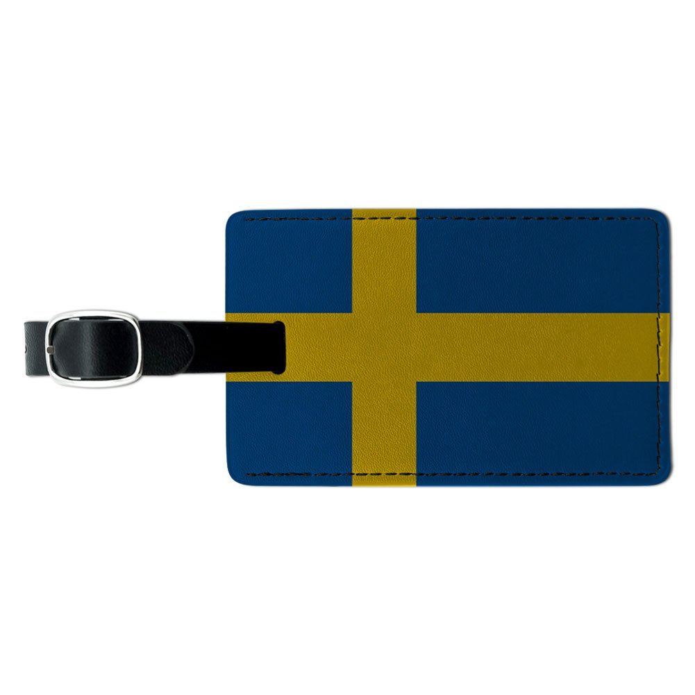 Sweden Flag Leather Luggage Tag - Durable Suitcase ID Tag for Travel Bags & Carry-Ons - Black Leather Name Tag for Vacation, Business Trips & Airports