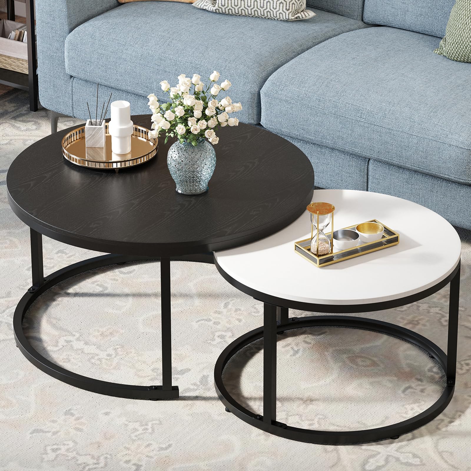 YITAHOME 2-Piece Round Nesting Coffee Table Set - Sturdy Metal Frame & Wood Top in Black & White - Perfect for Living Room, Lounge, or Small Spaces