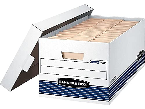 Bankers Box 0070205 STOR/FILE Legal Size Storage Box with Locking Lid - White/Blue (4-Pack) - Perfect for Office Document Organization, File Storage & Secure Home Records Keeping