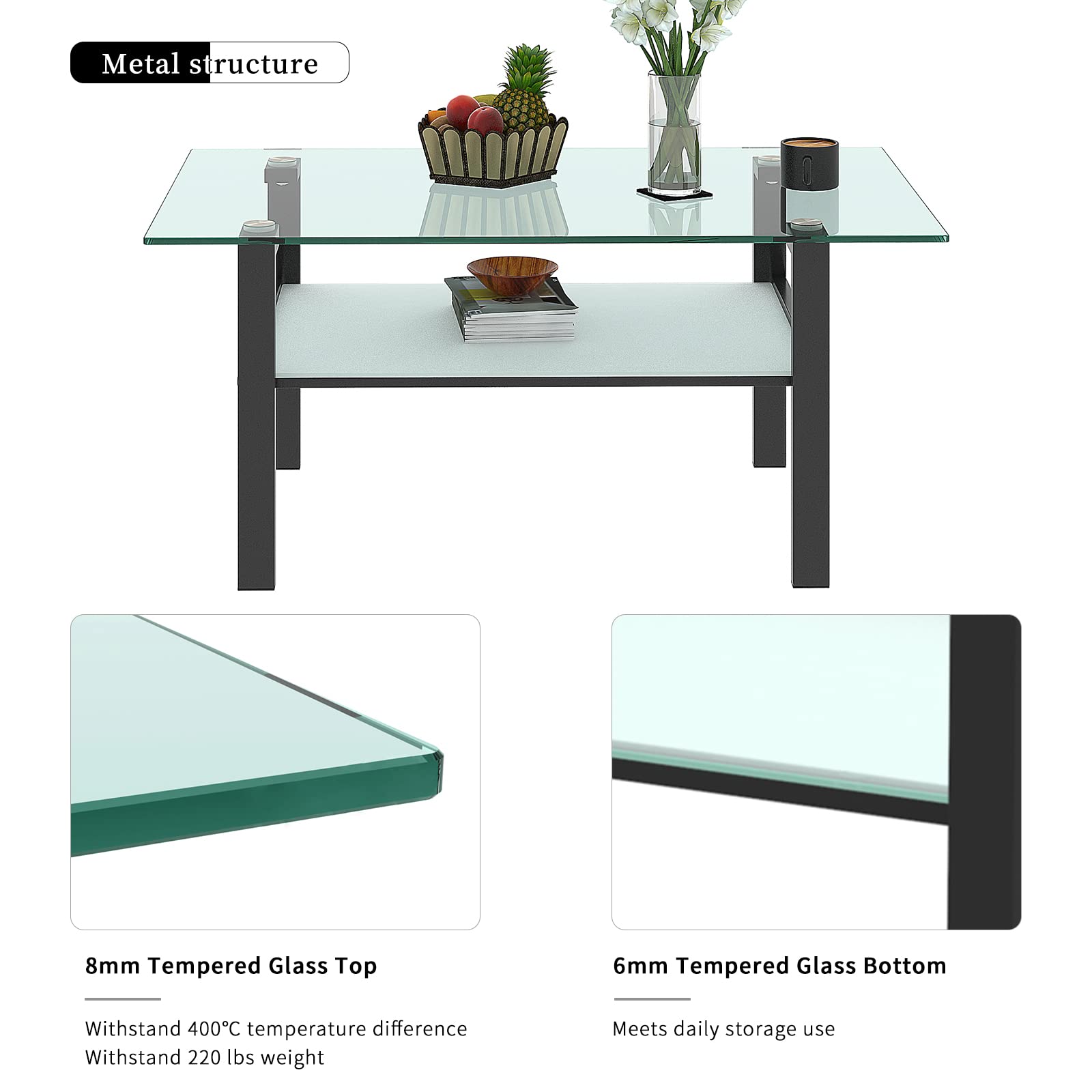 3-Piece Glass Coffee Table Set with Black Metal Legs & Clear Tempered Glass - Modern Living Room Coffee Table and End Table Set for Home Decor | Perfect for Small Spaces, Apartments & Lounge Areas