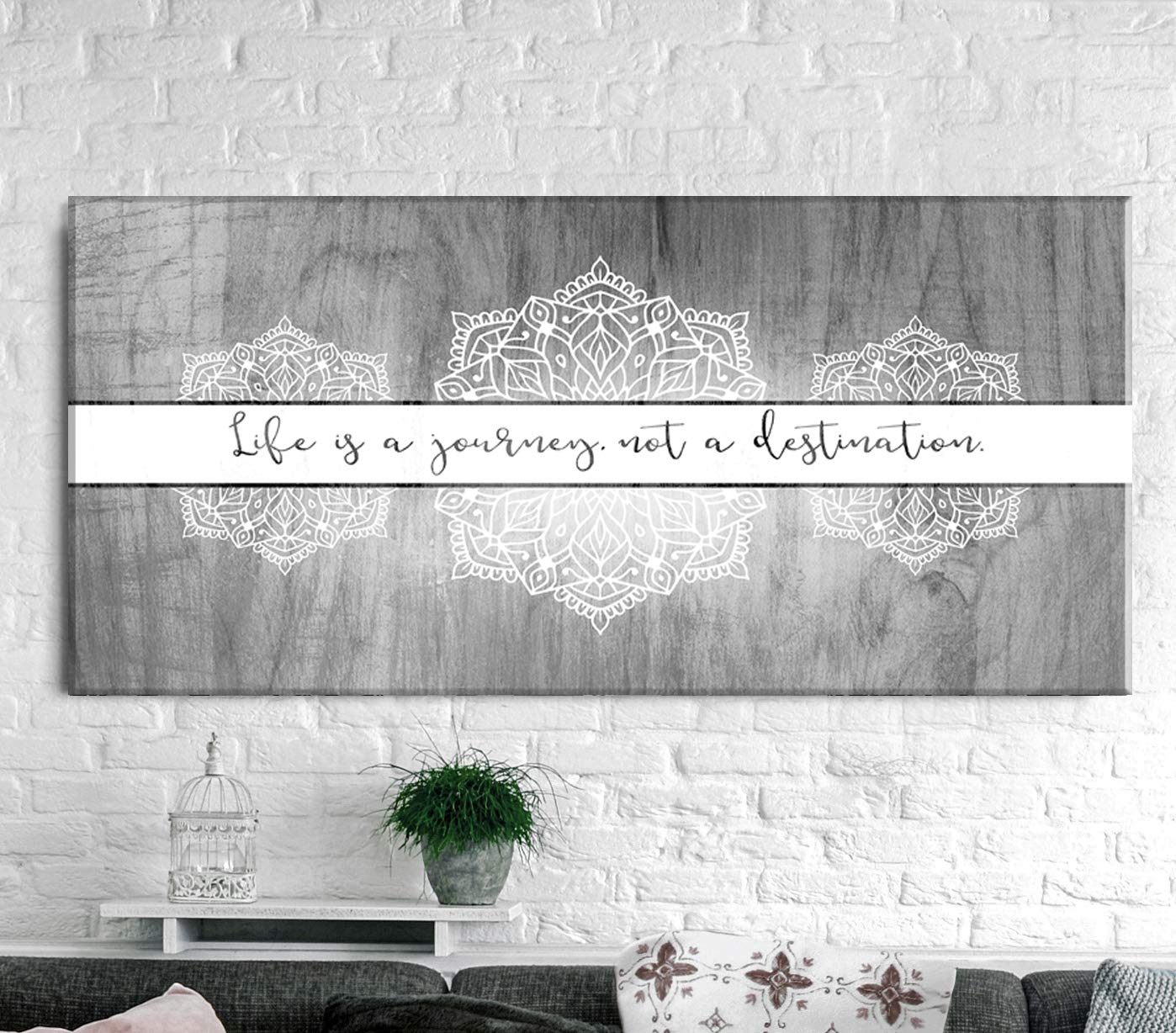 Boho Life Is A Journey Sign - Large Bohemian Floral Canvas Wall Art for Bedroom Decor | Modern Framed Poster with Floral Pattern (60x27 Inches, Light Grey) | Perfect for Living Room, Nursery & Office Wall Decor