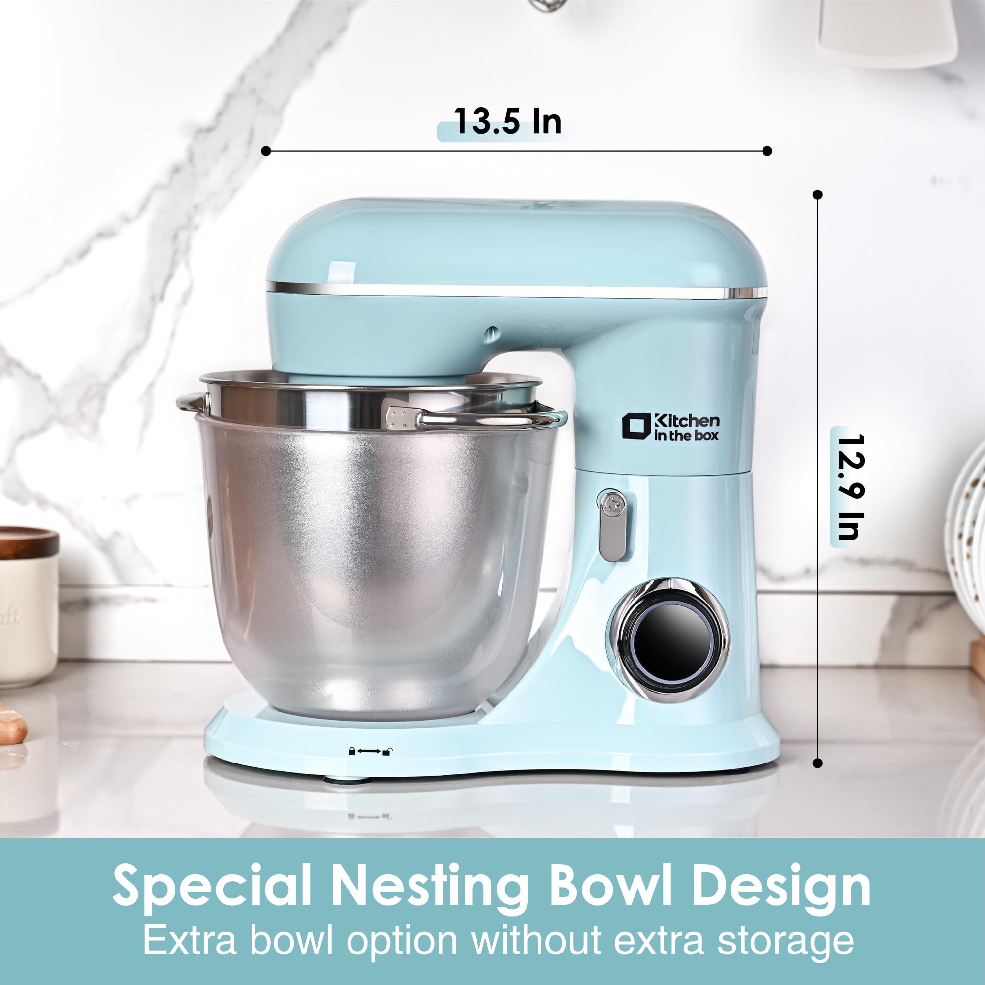 4.5QT+5QT Stand Mixer with 10 Speeds - Electric Kitchen Mixer with Egg Whisk, Dough Hook & Flat Beater - Perfect for Baking Cakes, Cookies & Bread (Blue) - Ideal for Home Bakers & Cooking Enthusiasts