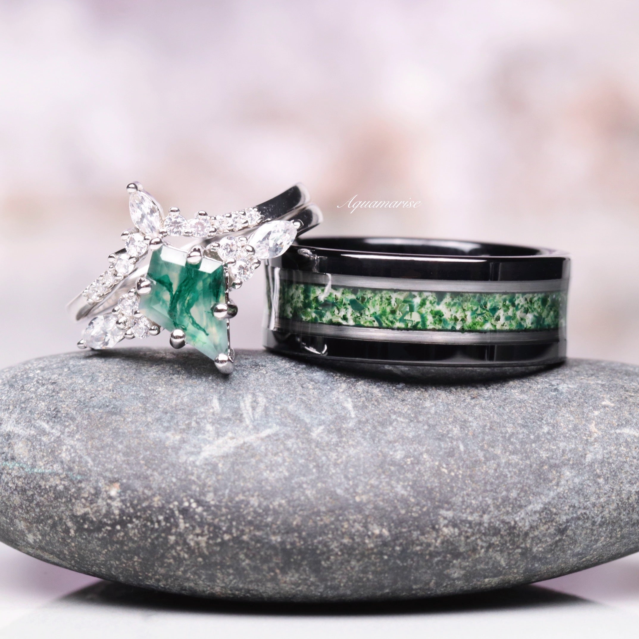 8MM Black Tungsten Moss Agate Wedding Band for Men & Women - Durable & Stylish Ring for Engagements, Anniversaries, and Everyday Wear