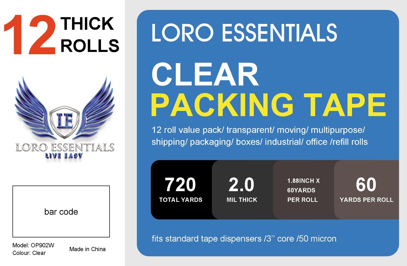 Heavy Duty Clear Packing Tape - 12 Rolls (720 Yards Total) for Moving Boxes, Shipping & Packaging | 2.0 Mil Thick Strong Adhesive Tape with 3
