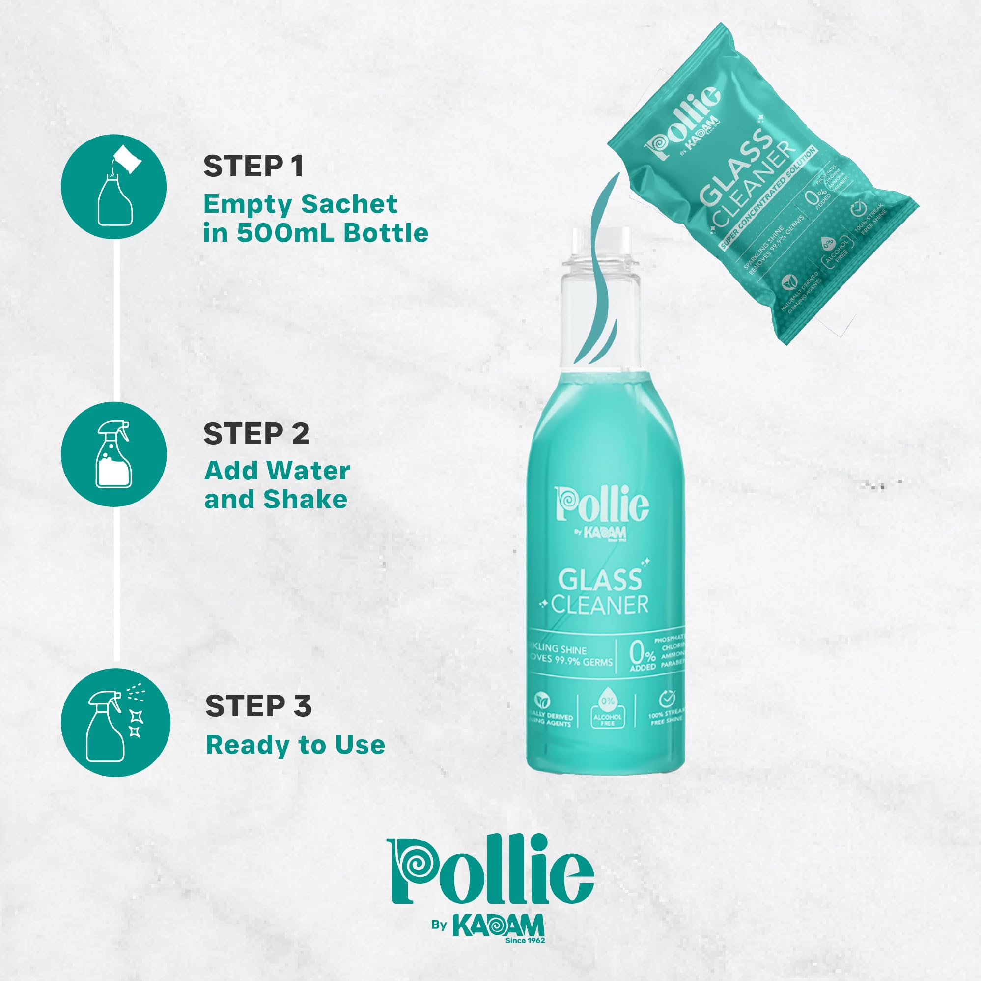 KADAM Pollie Glass Cleaner 1.5L - Empty Bottle + 3 Refill Sachets (1 Sachet Makes 500ml) | Alcohol-Free, Non-Toxic Dual Fragrance Glass Cleaner for Electronics, Screens, Cars, Windows, Kitchens & Bathrooms | Streak-Free Shine for Phones, Laptops, Mirrors & Glass Surfaces