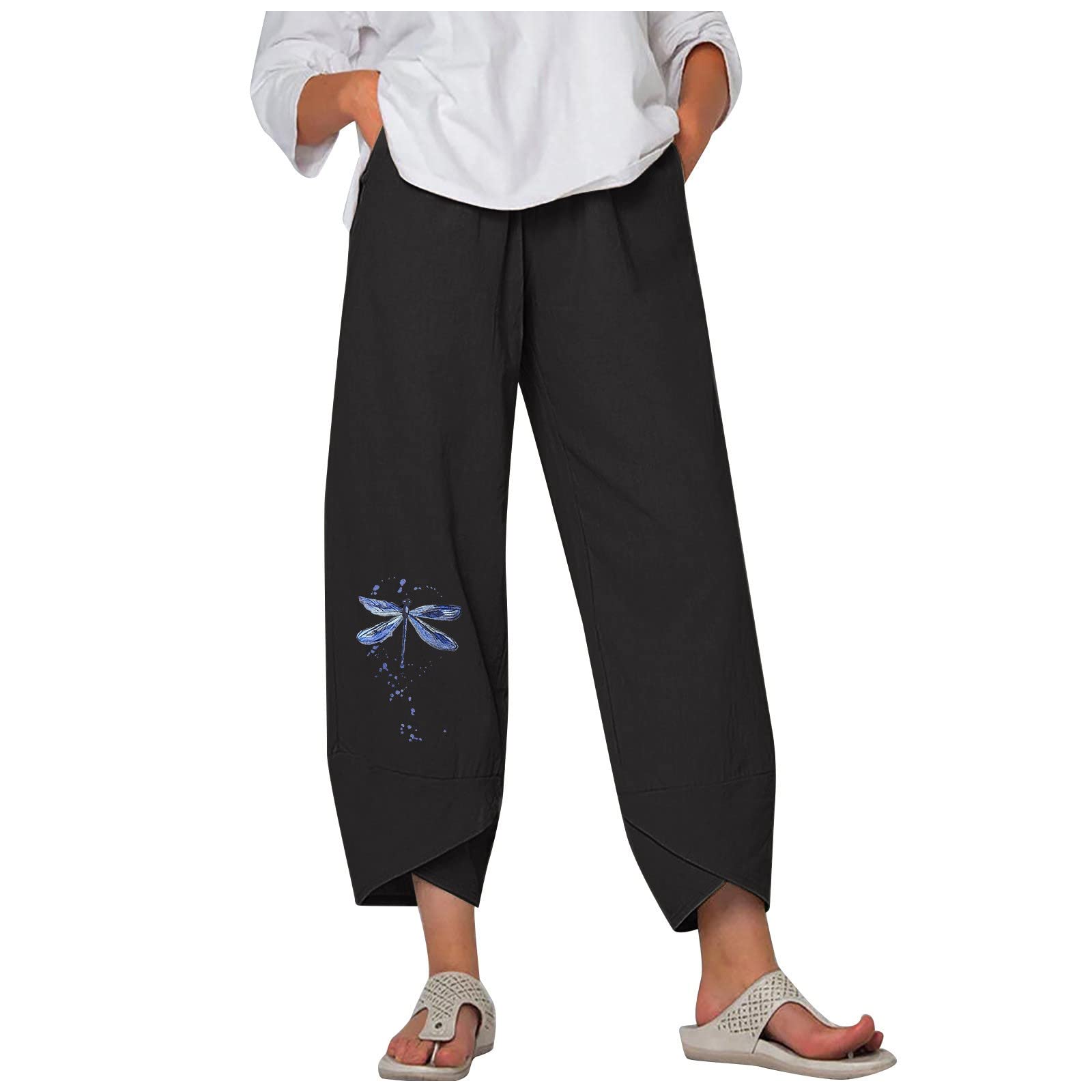 Women's Workwear Pants - Elastic Waist Casual Capri Pants with Pockets | Summer Cropped Trousers for Office, Outdoor & Travel
