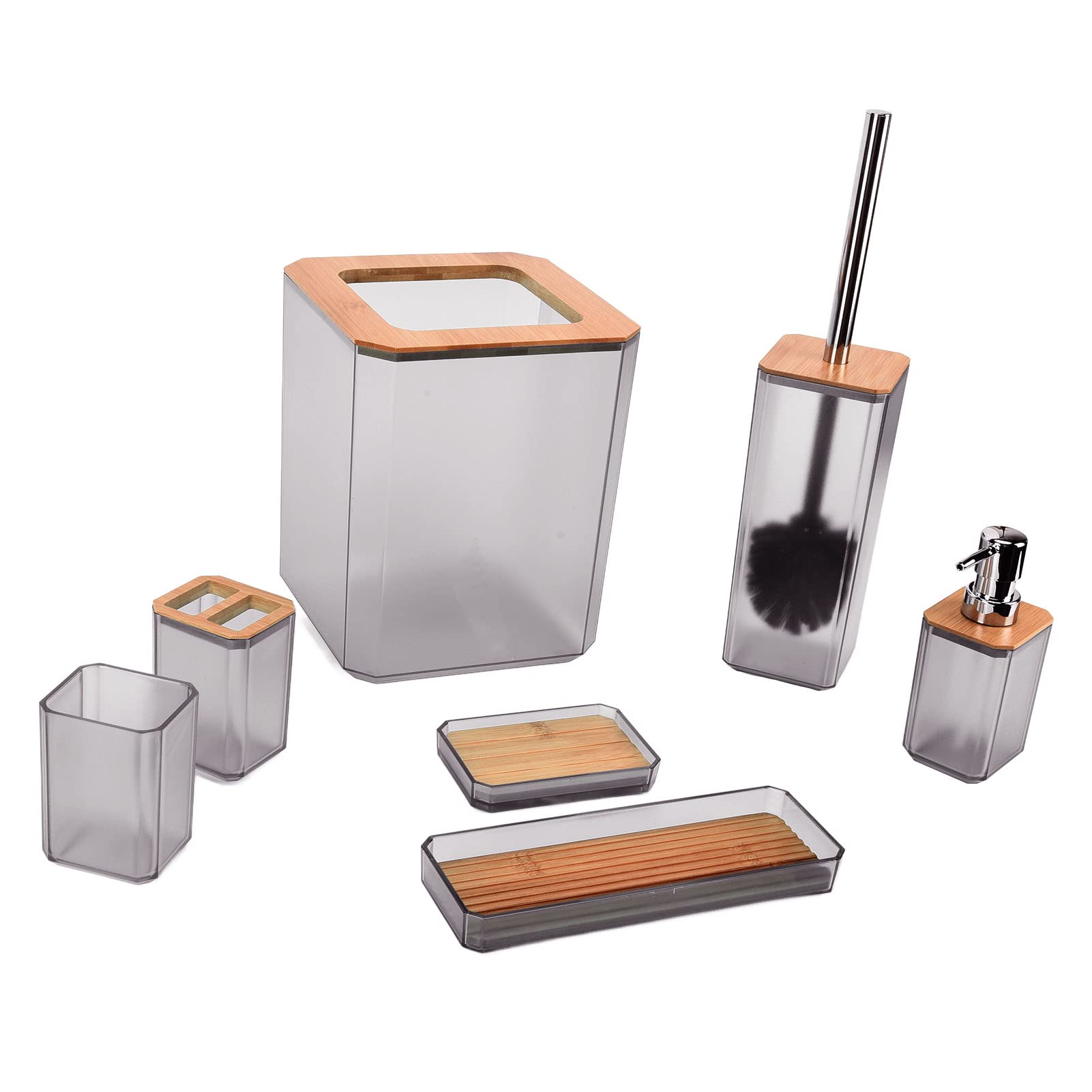 FIYO 7-Piece Bamboo Bathroom Accessories Set - Includes Soap Dish, Toothbrush Holder, Cup, Soap Dispenser, Trash Bin & Toilet Brush with Holder - Eco-Friendly Bathroom Organizer for Home & Hotel Use (Grey)