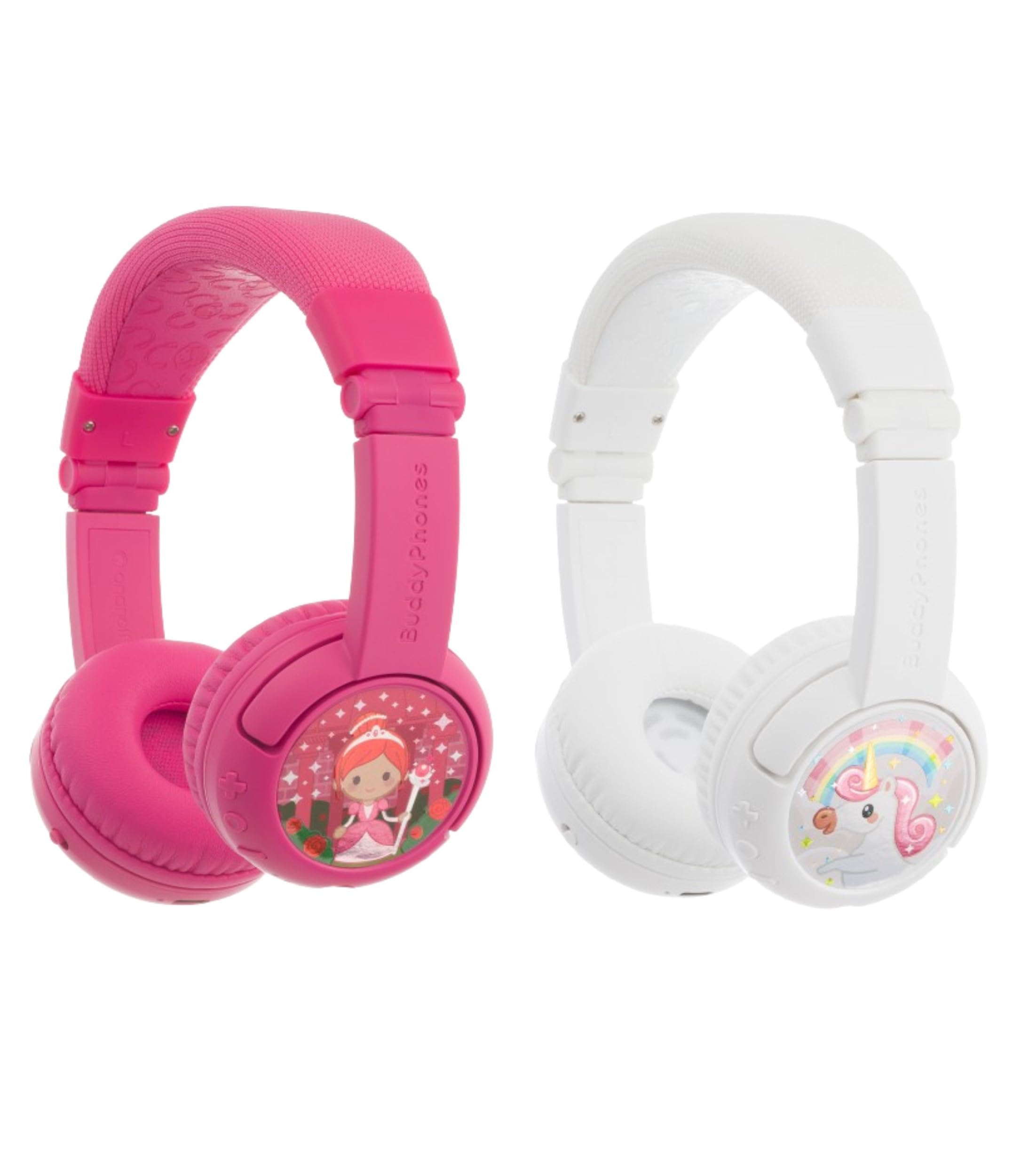 BuddyPhones Play+ Wireless Kids Headphones Bundle - Rose Pink & Snow White | Bluetooth Headset for Children | Perfect for School, Travel & Online Learning