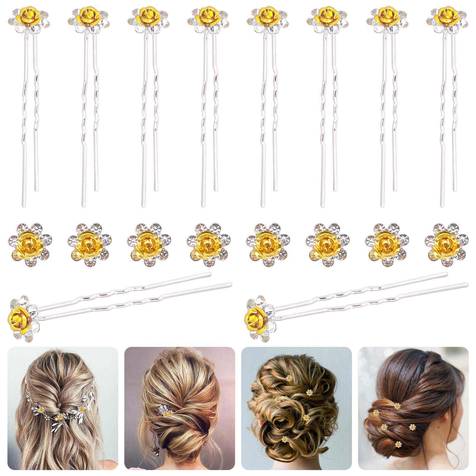 Rustark 40 Pcs Gold Crystal Hair Pins - Rose Flower Rhinestone U-Shaped Bobby Pins & Bun Hair Clips for Women - Wedding Bridal Hair Accessories Set with Storage Case - Perfect for Parties, Prom, and Special Occasions
