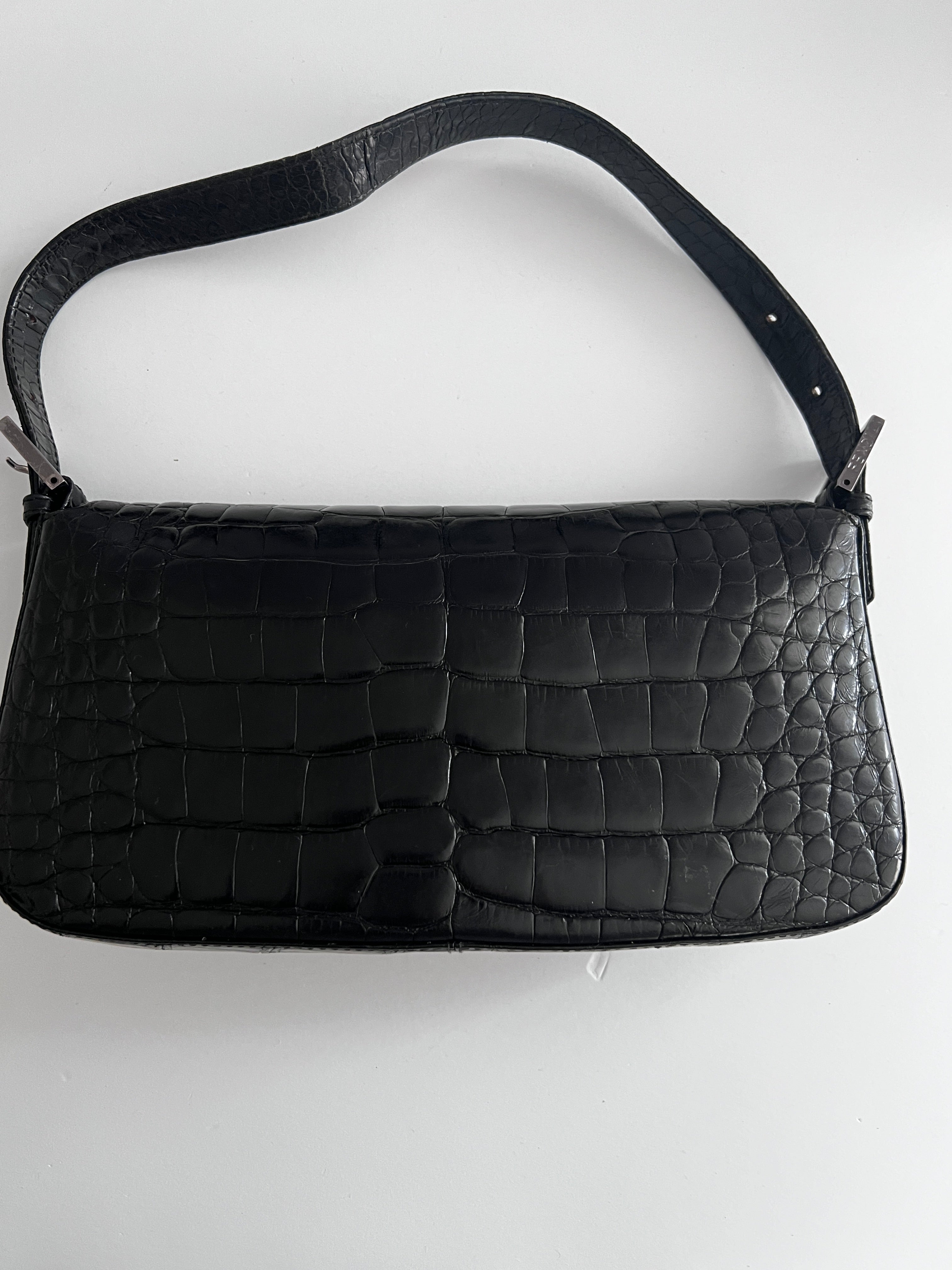 Vintage Fendi Black Crocodile Leather Baguette Handbag - Luxury Designer Shoulder Bag for Women, Perfect for Evening Parties & Special Occasions